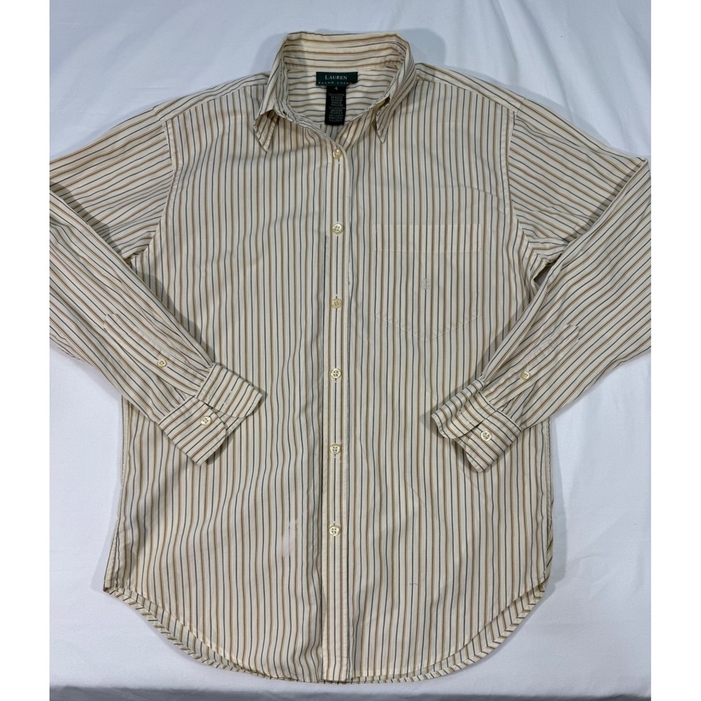 Lauren Ralph Lauren Striped Button Down Shirt Cotton Tan Brown Monogram Size 4